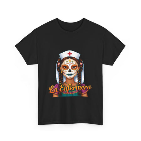 A picture of a nurse wearing a t shirt with a graphic of the day of the dead nurse on the front and it reads La Enfermera