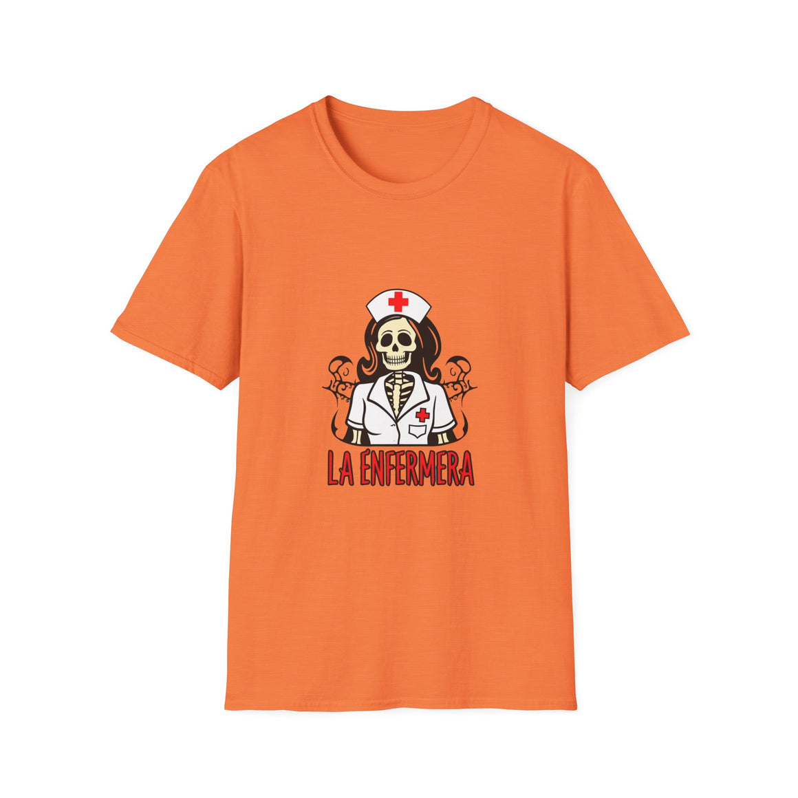 Illustration of a "La Enfermera Loteria Shirt" featuring a skeleton nurse in a white nurse's uniform with a red cross on the cap and chest. The design resembles a traditional loteria card with the text "La Enfermera" in bold red letters, perfect for Día de los Muertos and healthcare themes.