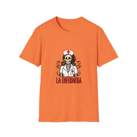 Illustration of a "La Enfermera Loteria Shirt" featuring a skeleton nurse in a white nurse's uniform with a red cross on the cap and chest. The design resembles a traditional loteria card with the text "La Enfermera" in bold red letters, perfect for Día de los Muertos and healthcare themes.