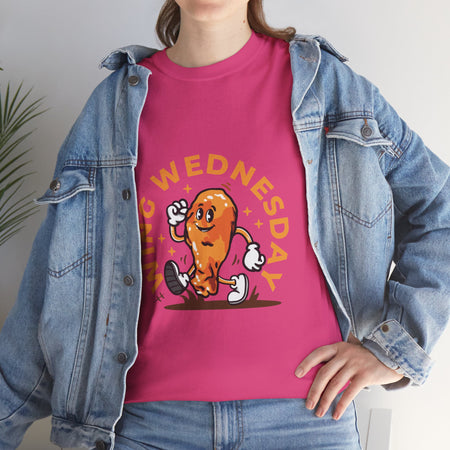 Hot Pink T-shirt featuring a fun 'Wing Wednesday' design with a cartoon-style chicken wing character in motion. Perfect for food lovers and those who enjoy celebrating Wing Wednesday in style.