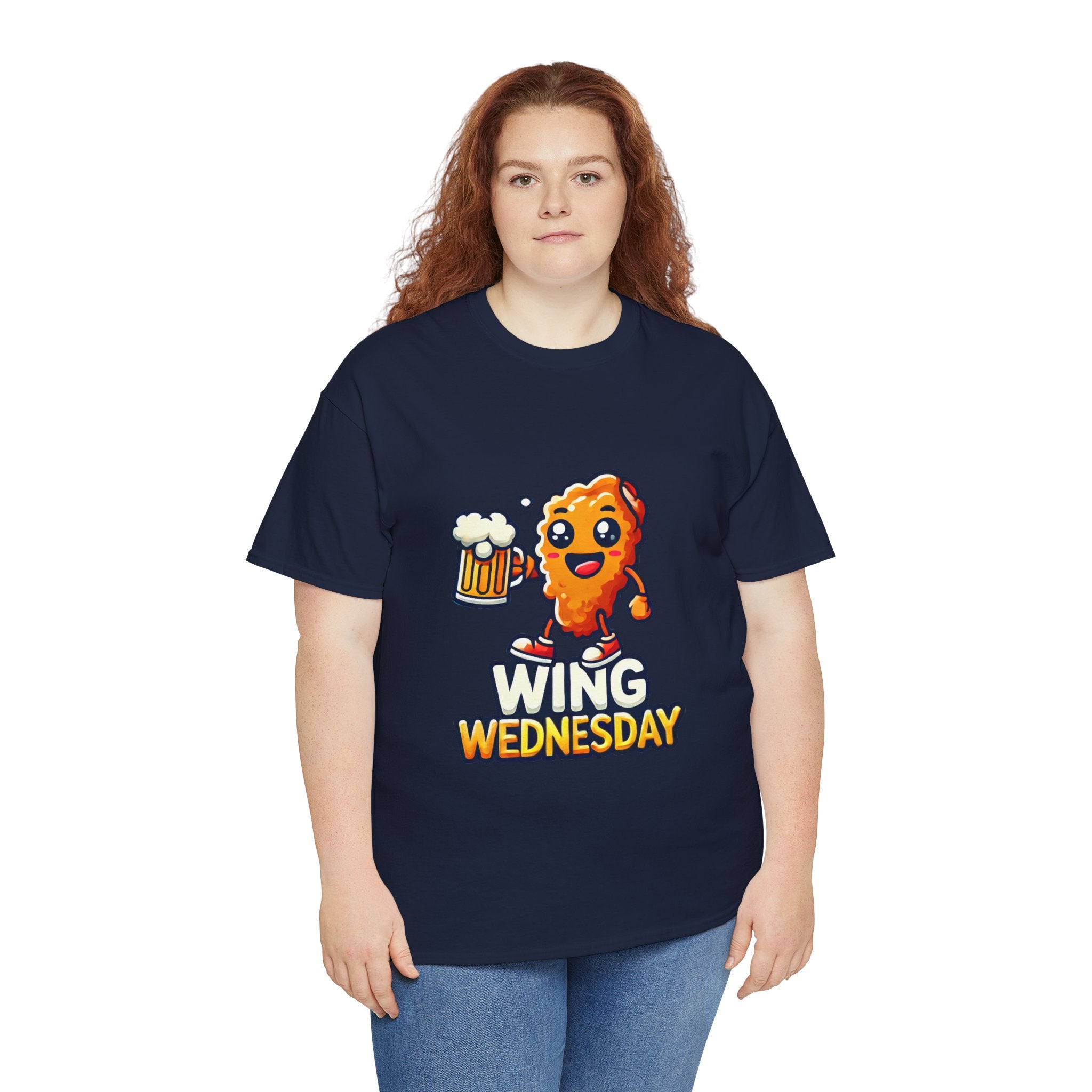 Navy Blue 'Wing Wednesday' t-shirt featuring a cheerful, cartoon-style chicken wing character holding a beer mug. Perfect for those who love celebrating Wing Wednesday with a fun and playful design.