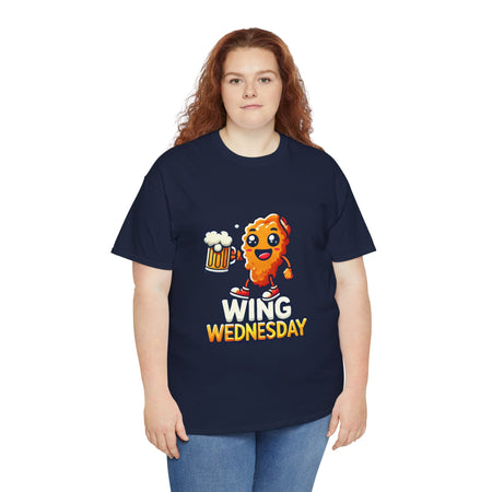 Navy Blue 'Wing Wednesday' t-shirt featuring a cheerful, cartoon-style chicken wing character holding a beer mug. Perfect for those who love celebrating Wing Wednesday with a fun and playful design.