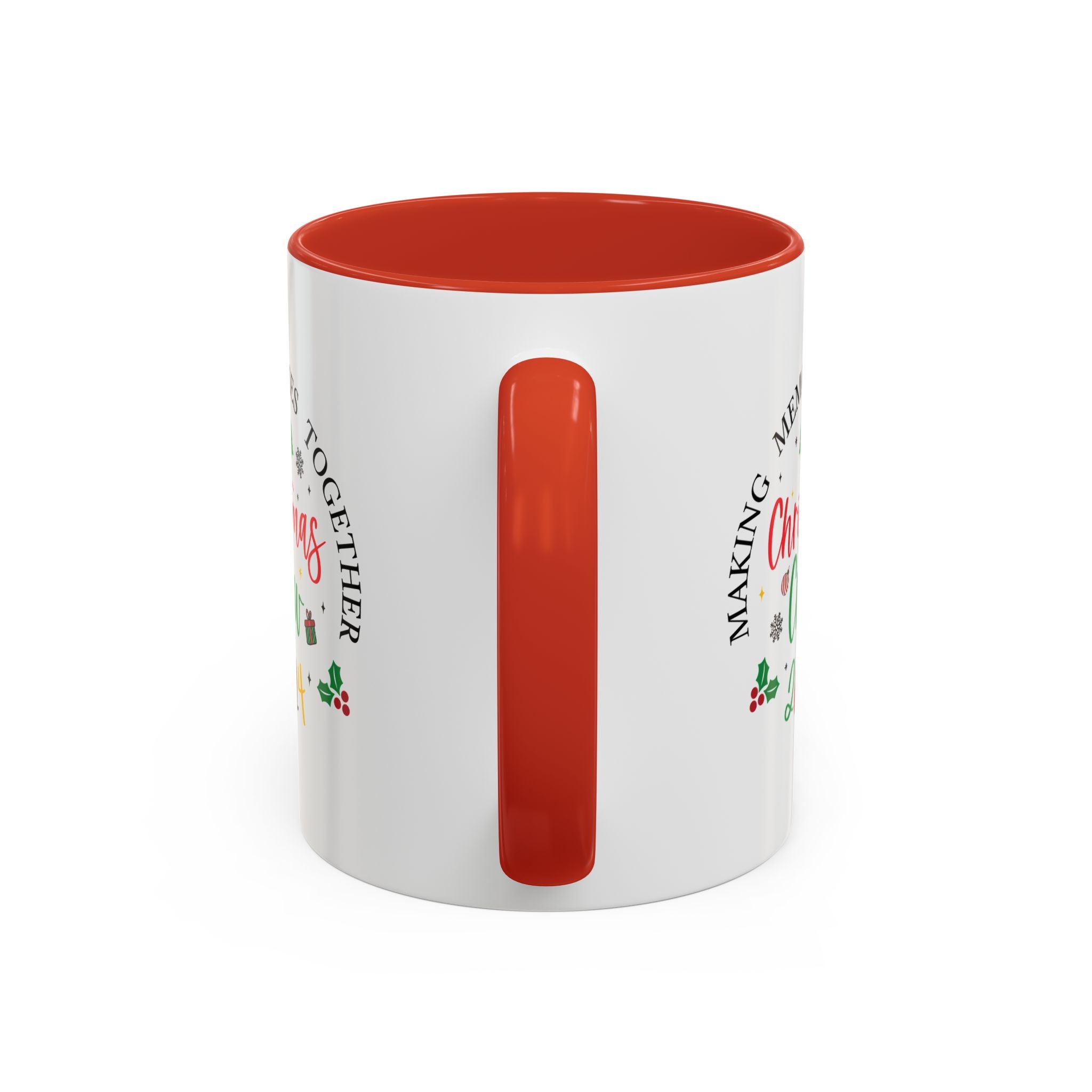 Festive coffee cup design featuring the text 'Christmas Crew 2024' in red and green with holiday elements like Christmas trees, holly, ornaments, and a gift box. Perfect for holiday gatherings and festive cheer.