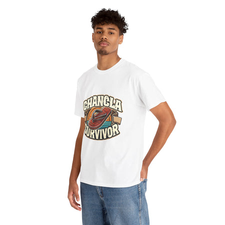 Funny Mexican t-shirt featuring the phrase 'Chancla Survivor. White T-shirt featuring a retro-inspired 'Chancla Survivor' design with a graphic of a traditional sandal. Perfect for those with a sense of humor about family discipline and nostalgic cultural references.