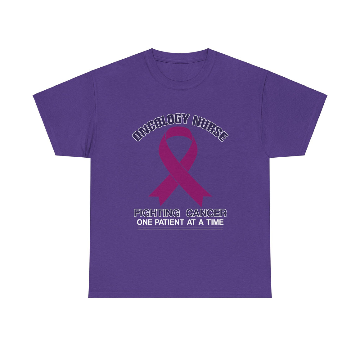 Purple t-shirt with the design 'Oncology Nurse - Fighting Cancer One Patient at a Time' featuring a purple cancer ribbon, part of the oncology nurse t-shirt designs collection, symbolizing strength and commitment in cancer care.