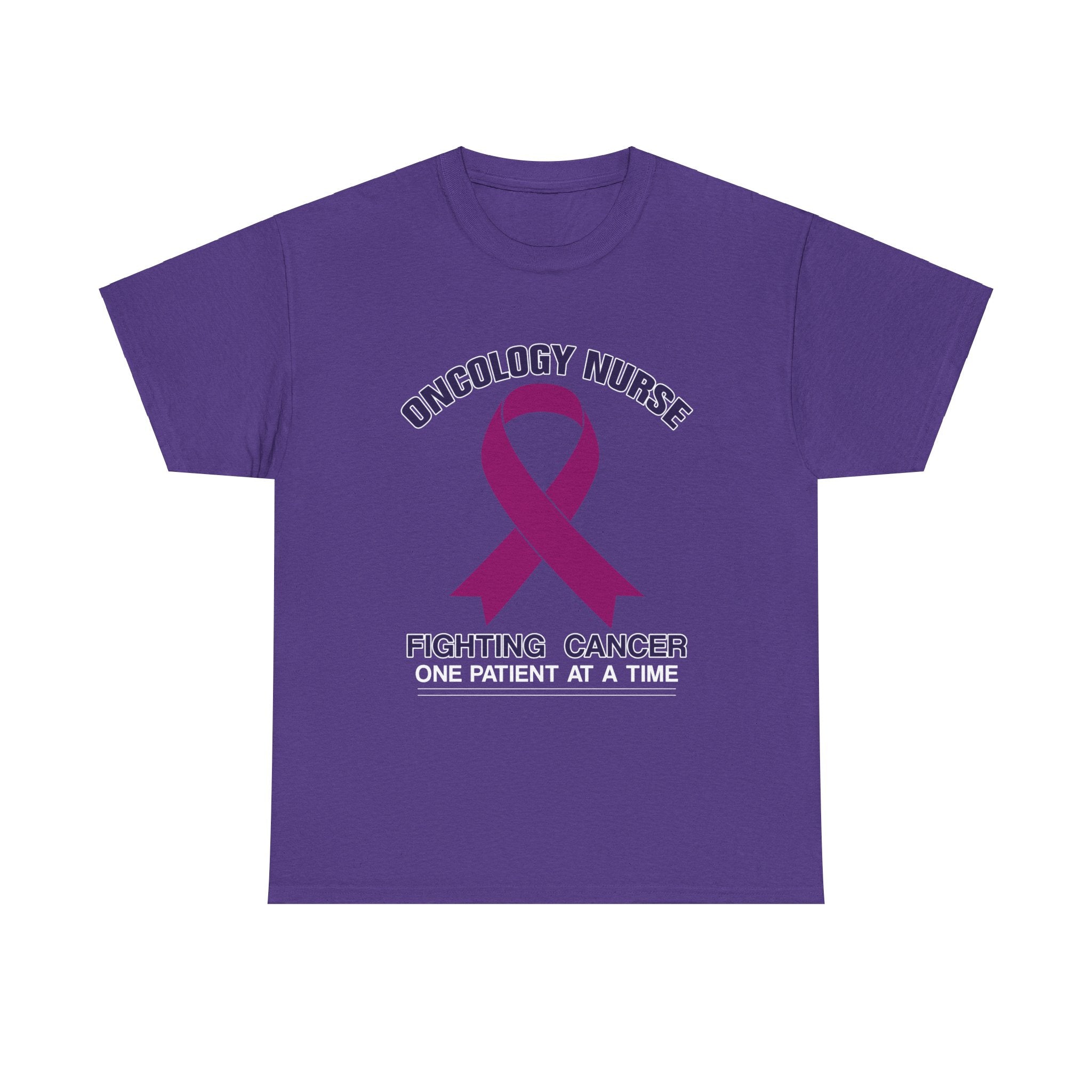 Purple t-shirt with the design 'Oncology Nurse - Fighting Cancer One Patient at a Time' featuring a purple cancer ribbon, part of the oncology nurse t-shirt designs collection, symbolizing strength and commitment in cancer care.