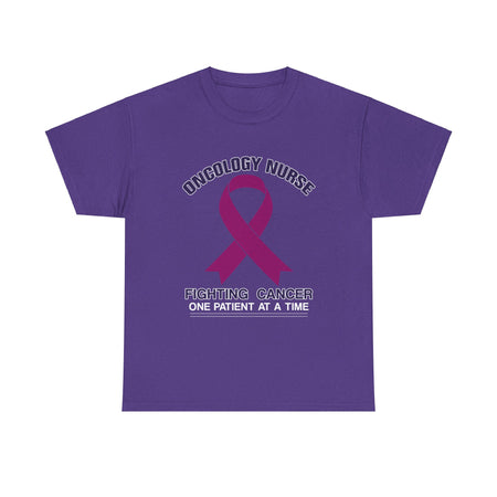 Purple t-shirt with the design 'Oncology Nurse - Fighting Cancer One Patient at a Time' featuring a purple cancer ribbon, part of the oncology nurse t-shirt designs collection, symbolizing strength and commitment in cancer care.