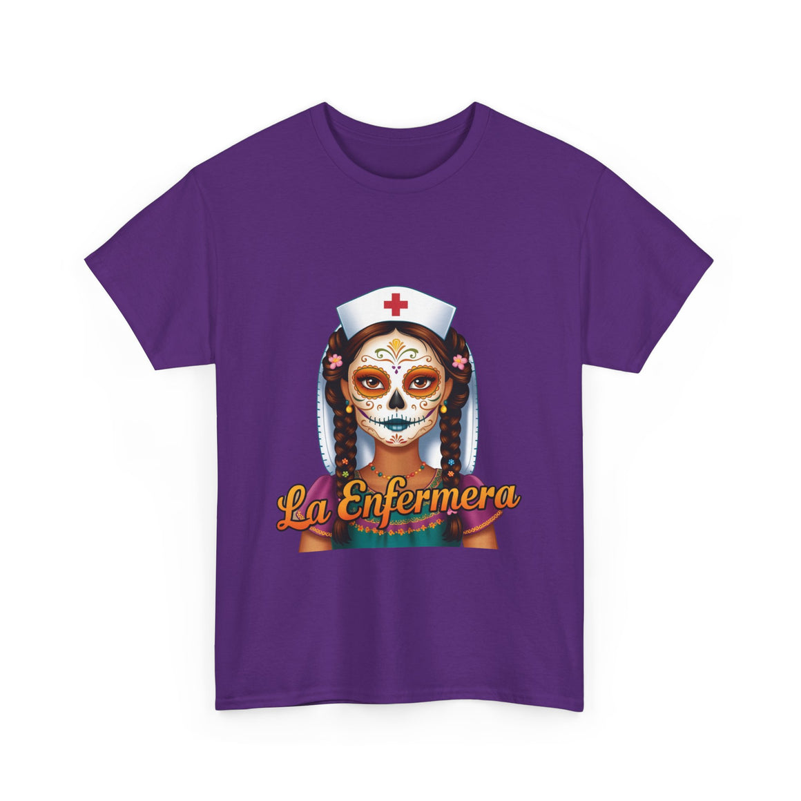 A picture of a nurse wearing a t shirt with a graphic of the day of the dead nurse on the front and it reads La Enfermera