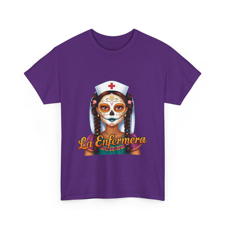 A picture of a nurse wearing a t shirt with a graphic of the day of the dead nurse on the front and it reads La Enfermera