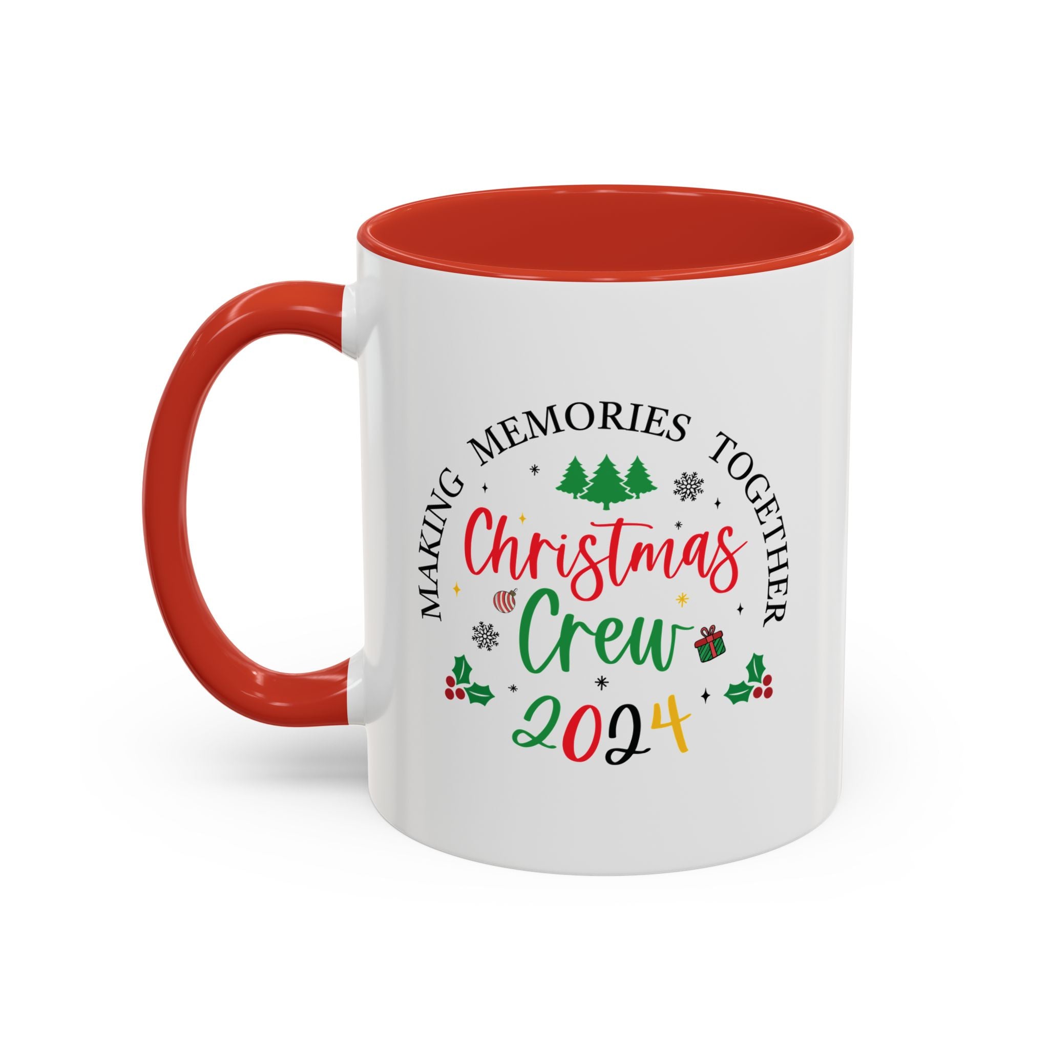 Festive coffee cup design featuring the text 'Christmas Crew 2024' in red and green with holiday elements like Christmas trees, holly, ornaments, and a gift box. Perfect for holiday gatherings and festive cheer.