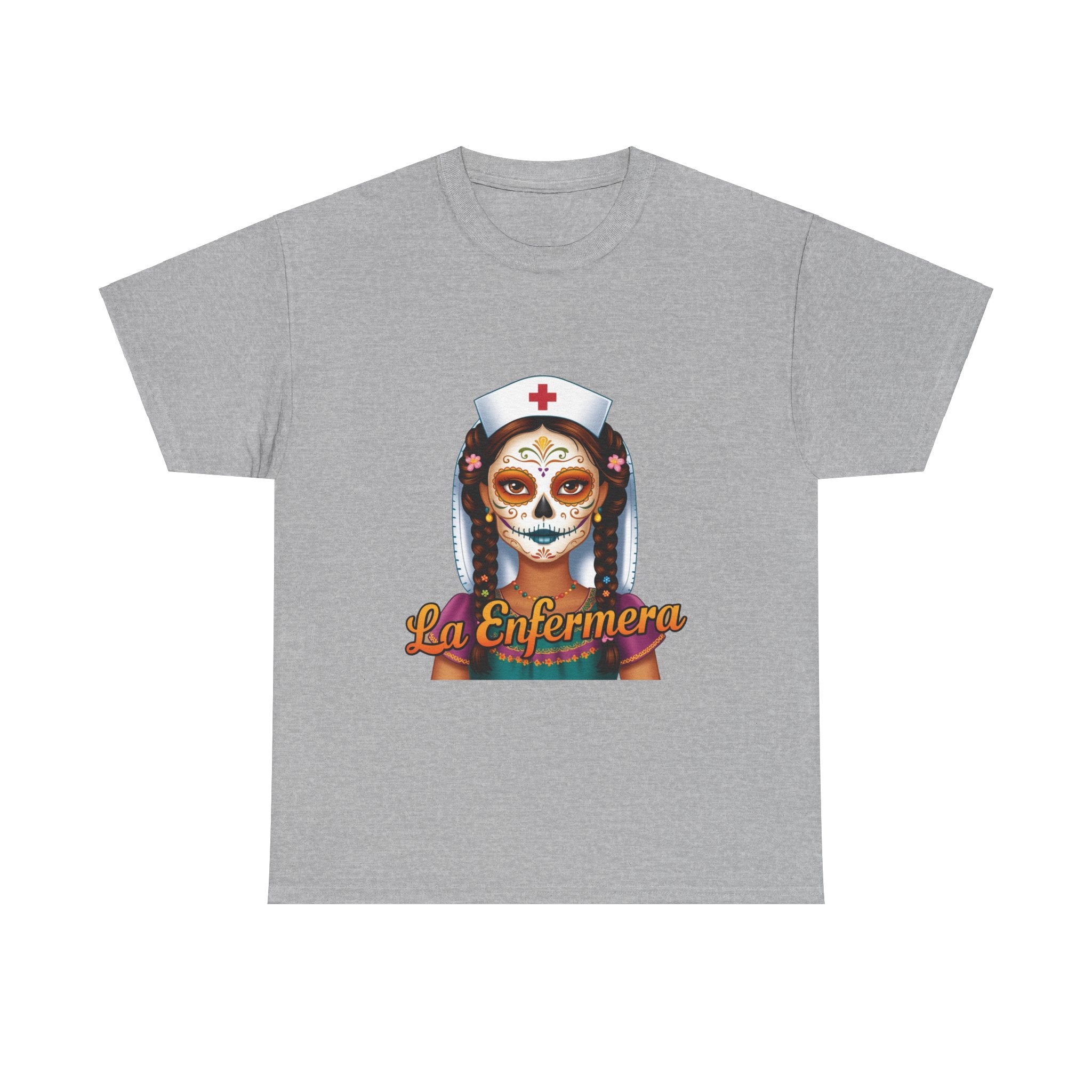 A picture of a nurse wearing a t shirt with a graphic of the day of the dead nurse on the front and it reads La Enfermera