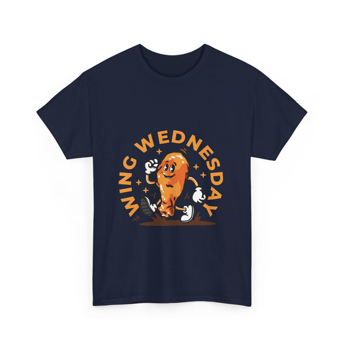 Navy Blue T-shirt featuring a fun 'Wing Wednesday' design with a cartoon-style chicken wing character in motion. Perfect for food lovers and those who enjoy celebrating Wing Wednesday in style.