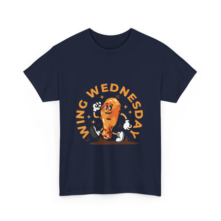 Navy Blue T-shirt featuring a fun 'Wing Wednesday' design with a cartoon-style chicken wing character in motion. Perfect for food lovers and those who enjoy celebrating Wing Wednesday in style.