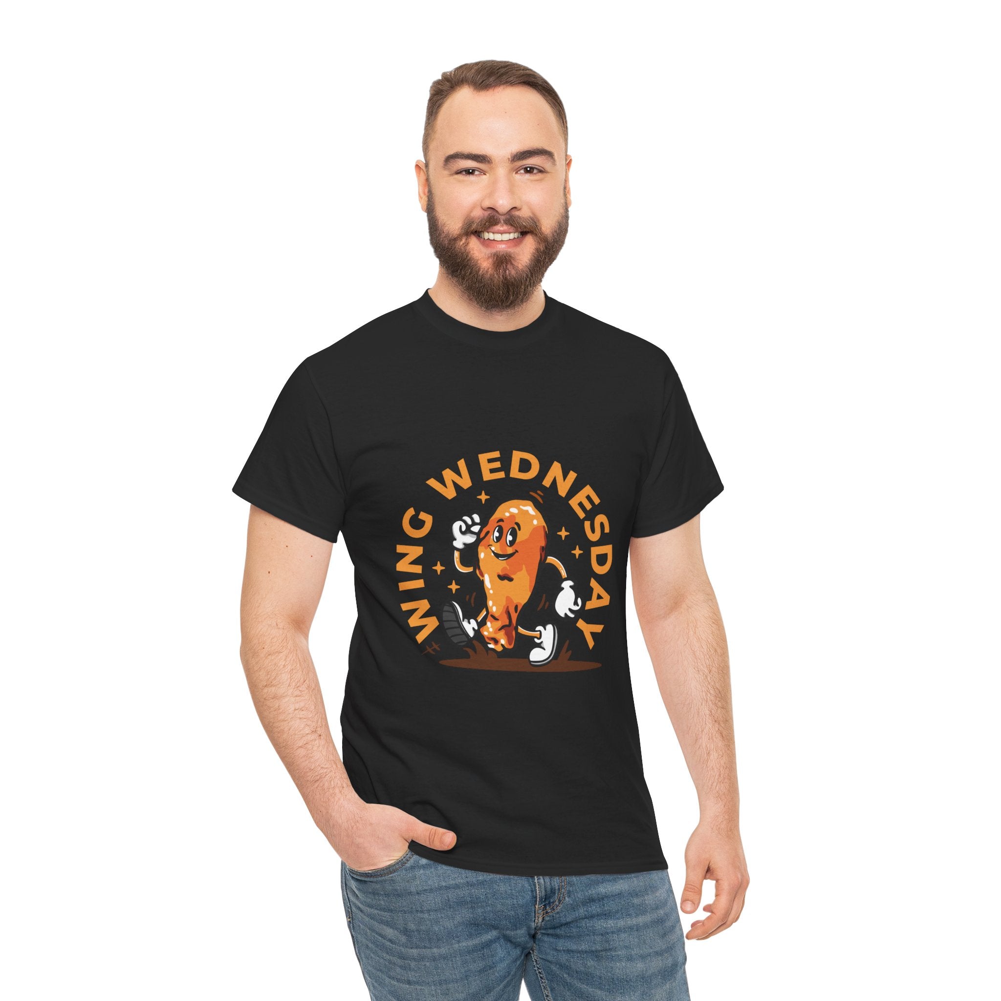 T-shirt featuring a fun 'Wing Wednesday' design with a cartoon-style chicken wing character in motion. Perfect for food lovers and those who enjoy celebrating Wing Wednesday in style.