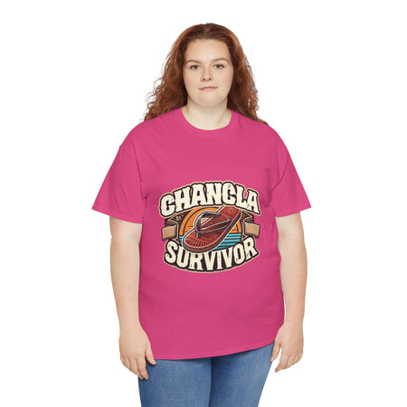Funny Mexican t-shirt featuring the phrase 'Chancla Survivor. Hot Pink t-shirt featuring a retro-inspired 'Chancla Survivor' design with a graphic of a traditional sandal. Perfect for those with a sense of humor about family discipline and nostalgic cultural references.