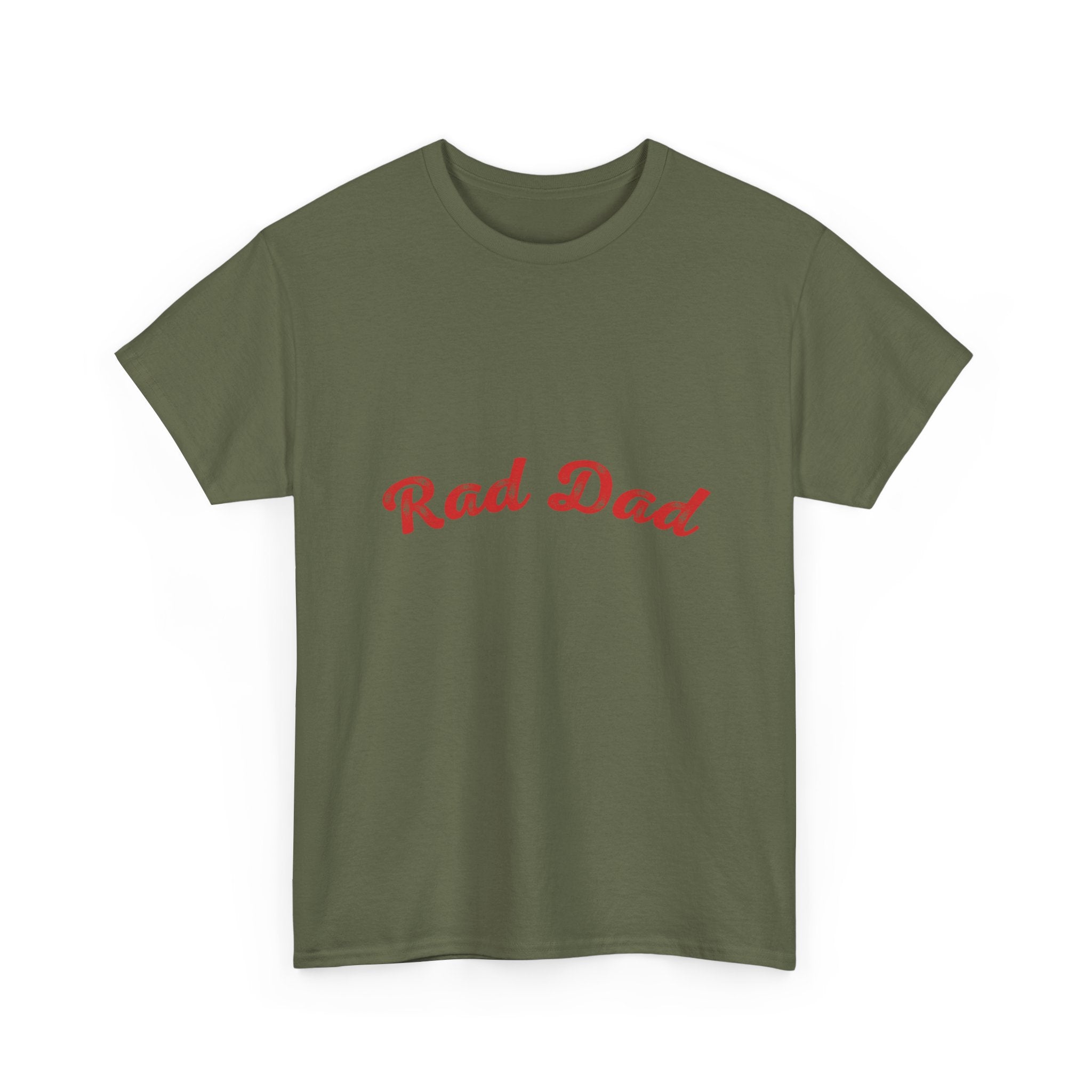 A Man standing ooutside wearing a t shirt with a Red Rad Dad Graphic on the front