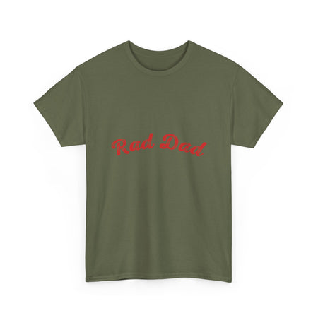 A Man standing ooutside wearing a t shirt with a Red Rad Dad Graphic on the front