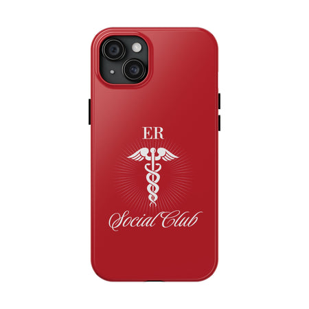 ER Social Club tough phone case in vibrant red with a white Caduceus symbol, representing emergency medical services. The case features the text 'ER Social Club' in elegant script, combining style with durable protection for healthcare professionals. Compatible with iPhone and Samsung models, this case offers impact resistance and a glossy finish for a professional and stylish look.