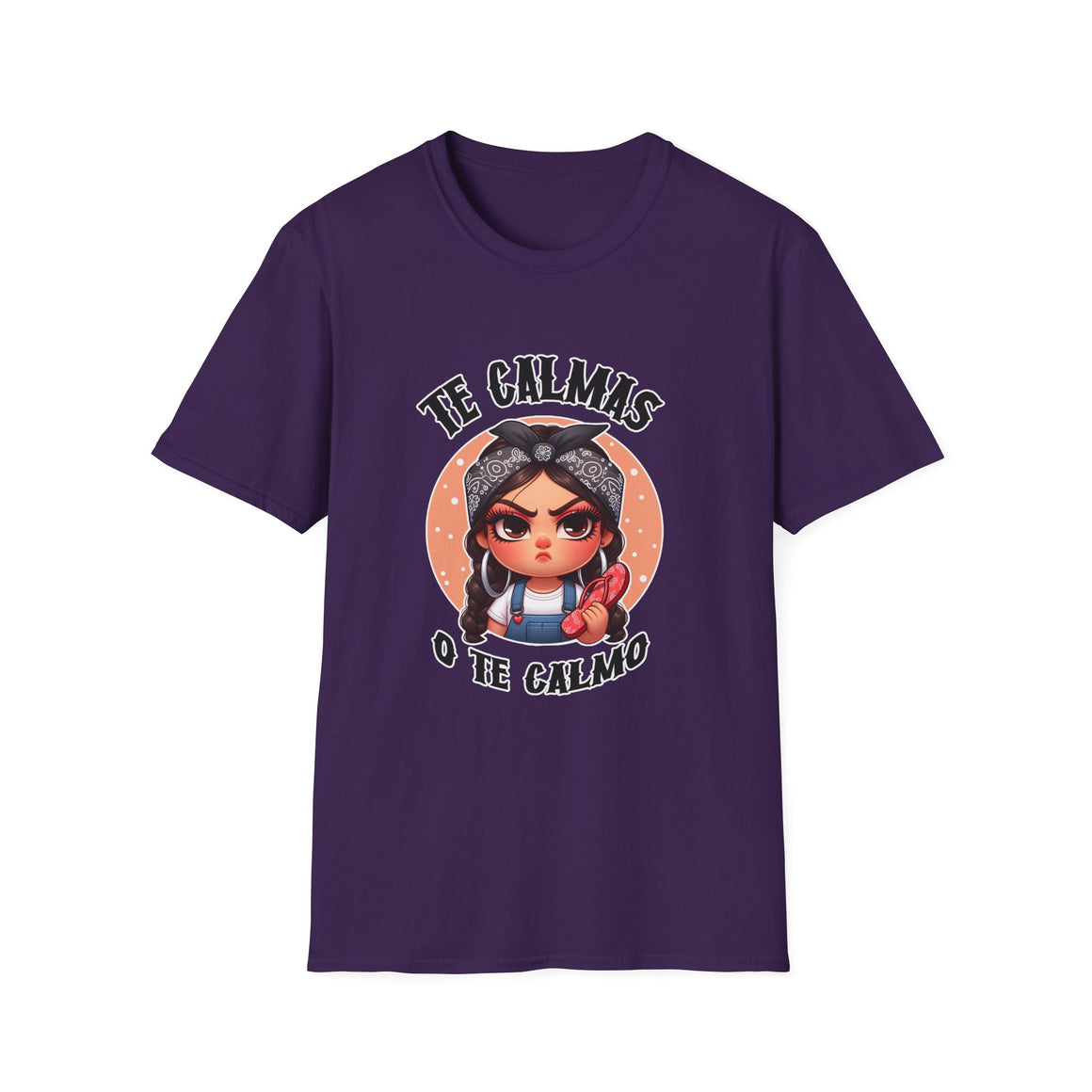 Dark PUrple T-shirt featuring a feisty cartoon character with the Spanish phrase 'Te Calmas o Te Calmo,' adding a humorous and bold statement. Ideal for those with a playful attitude and love for expressive, culturally inspired designs