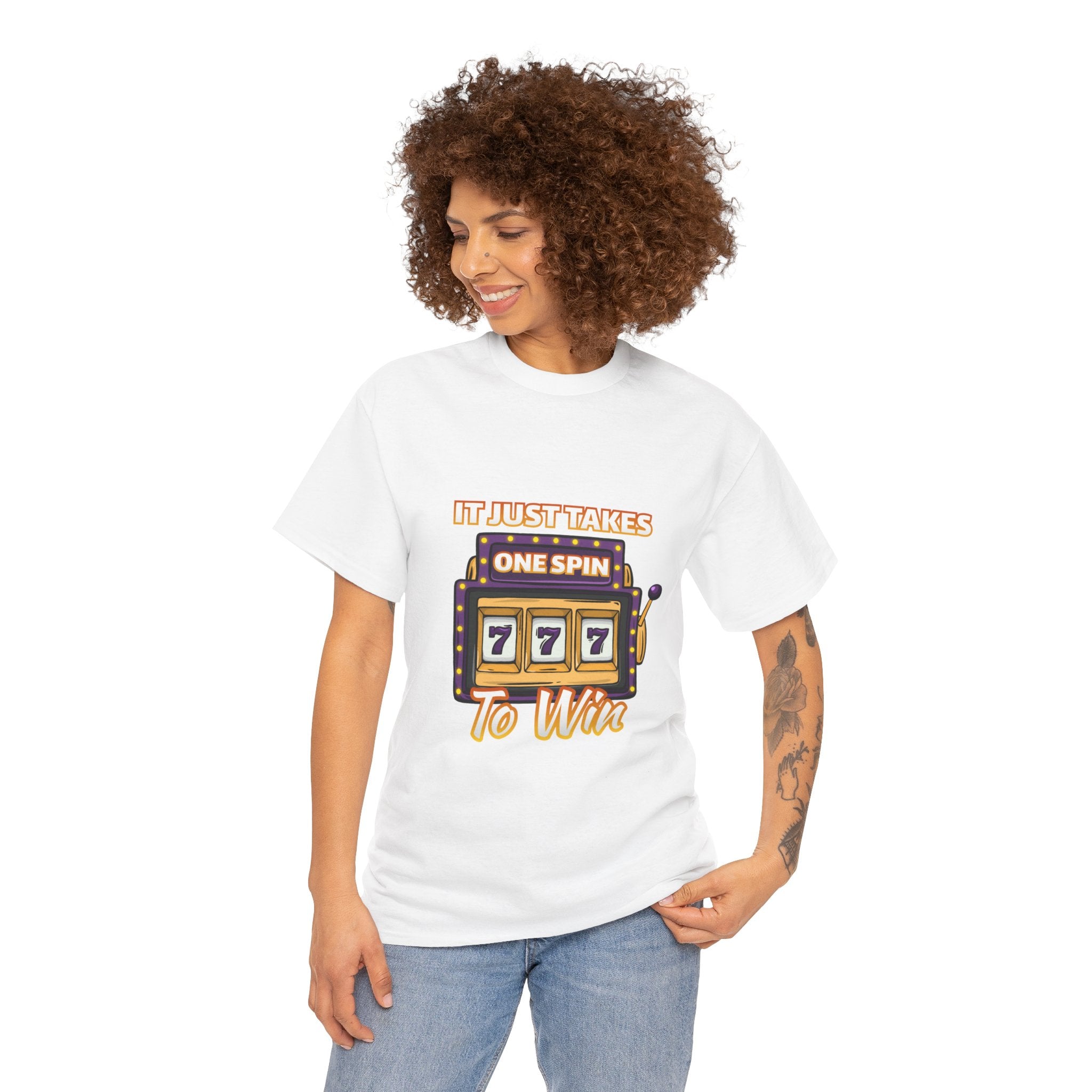 Person wearing a white t-shirt with the text "It Just Takes One Spin To Win" and a slot machine showing triple sevens. This shirt is one of the humorous casino-inspired shirts, perfect for anyone who enjoys a touch of gambling humor and the excitement of casino games.