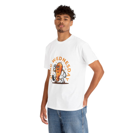 White T-shirt featuring a fun 'Wing Wednesday' design with a cartoon-style chicken wing character in motion. Perfect for food lovers and those who enjoy celebrating Wing Wednesday in style.