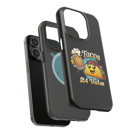 Black iPhone 16 magnetic phone case featuring a playful 'Tacos B4 Vatos' design with a cheerful taco character holding a frothy beer mug. Perfect for taco lovers who want a fun and unique phone accessory.