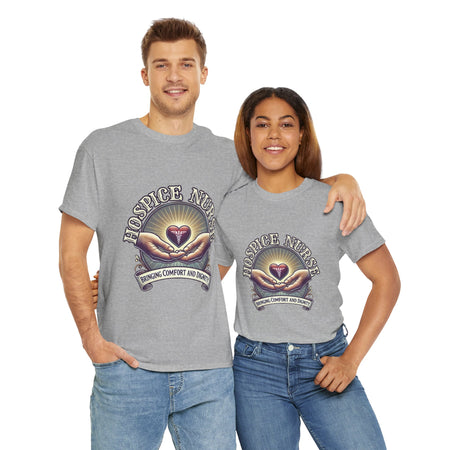 Hospice nurse t-shirt featuring a compassionate design with hands holding a heart and the phrase 'Bringing Comfort and Dignity,' symbolizing the care and support provided by hospice nurses. Ideal for hospice nurses who are dedicated to their mission.