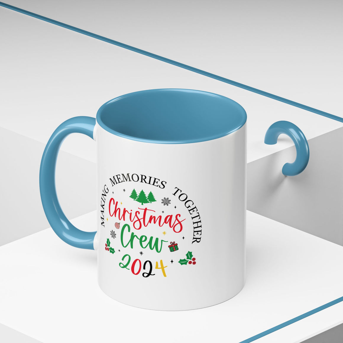 A white Festive Christmas Coffee Cup featuring a colorful "Christmas Crew 2024" design. The text reads "Making Memories Together" with holiday-themed icons, including Christmas trees, snowflakes, holly, and a small gift box. This cheerful cup is perfect for spreading holiday cheer and enjoying warm drinks during the festive season.