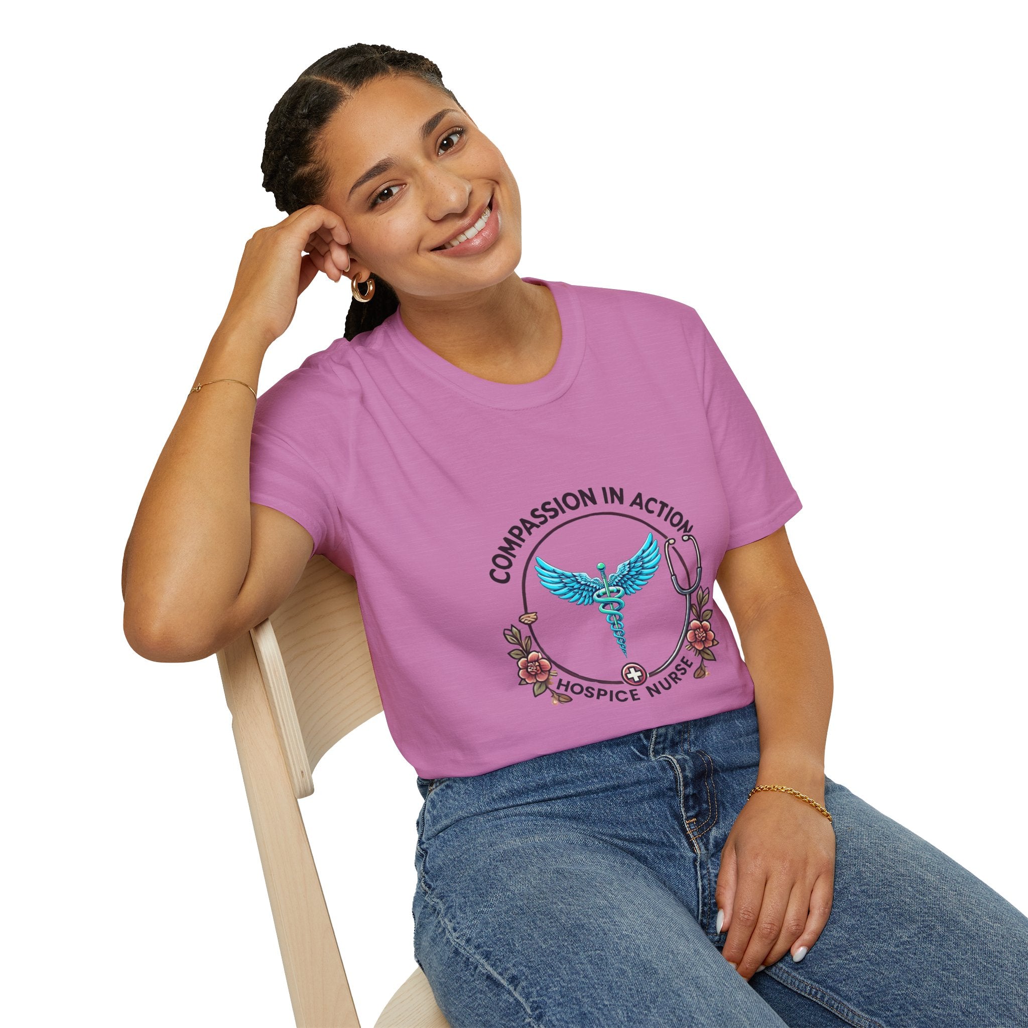 Hospice nurse t-shirt featuring the phrase 'Compassion in Action' with a medical caduceus symbol, flowers, and stethoscope graphic. Ideal for hospice nurses who bring compassion and care to their work.