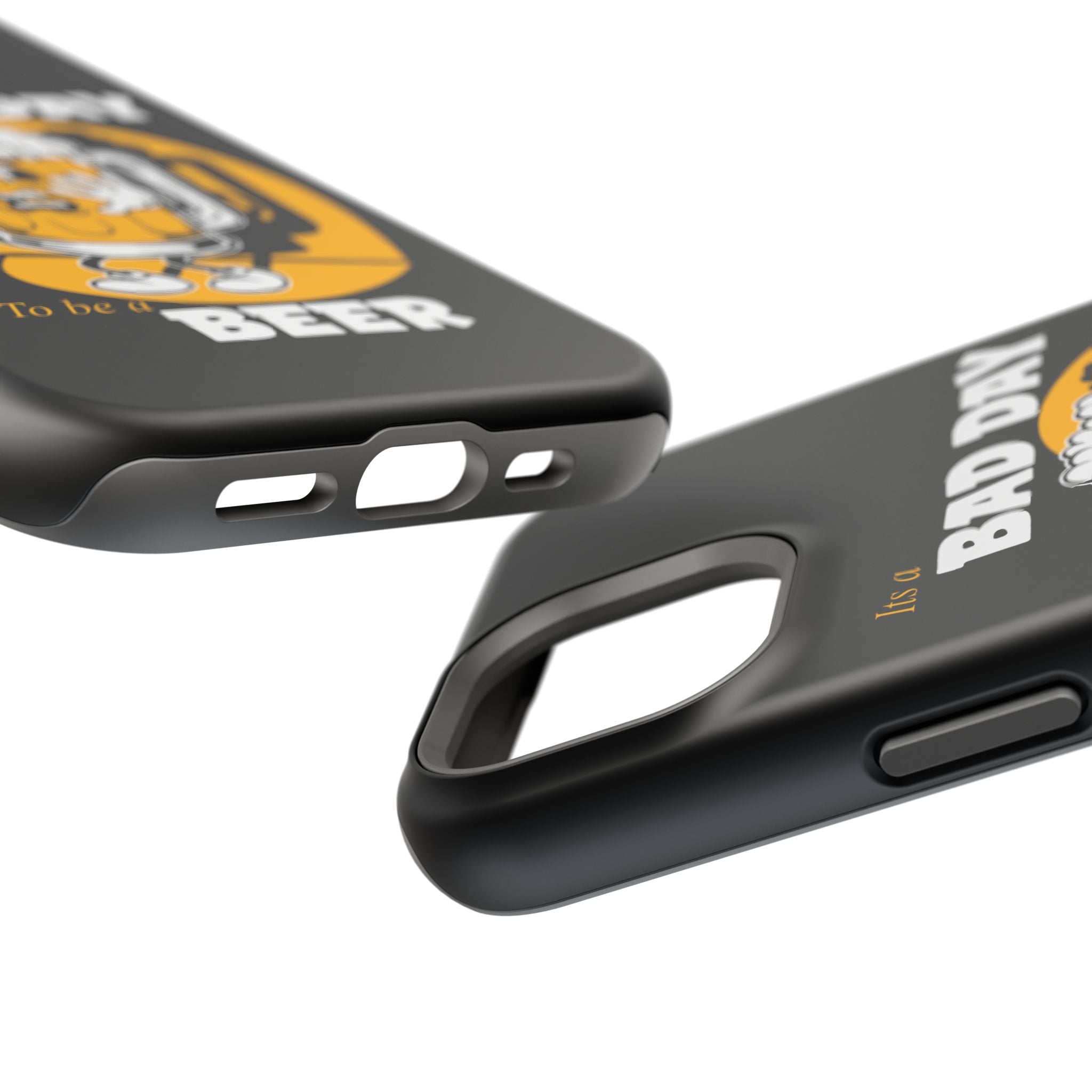 It's a Bad Day to Be a Beer Magnetic Tough Phone Case - Black case with humorous beer character design. Dual-layer protection with polycarbonate shell and flexible TPU lining. Compatible with MagSafe® accessories. Fun, durable phone case for beer lovers.