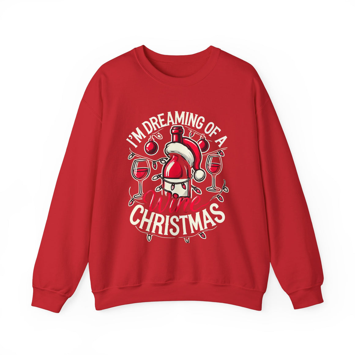 Red Christmas sweatshirt with a festive wine theme, featuring a Santa-capped wine bottle, wine glasses, ornaments, and the humorous text 'I'm Dreaming of a Wine Christmas.' Ideal holiday apparel for wine enthusiasts seeking a fun and stylish Christmas-themed sweatshirt.