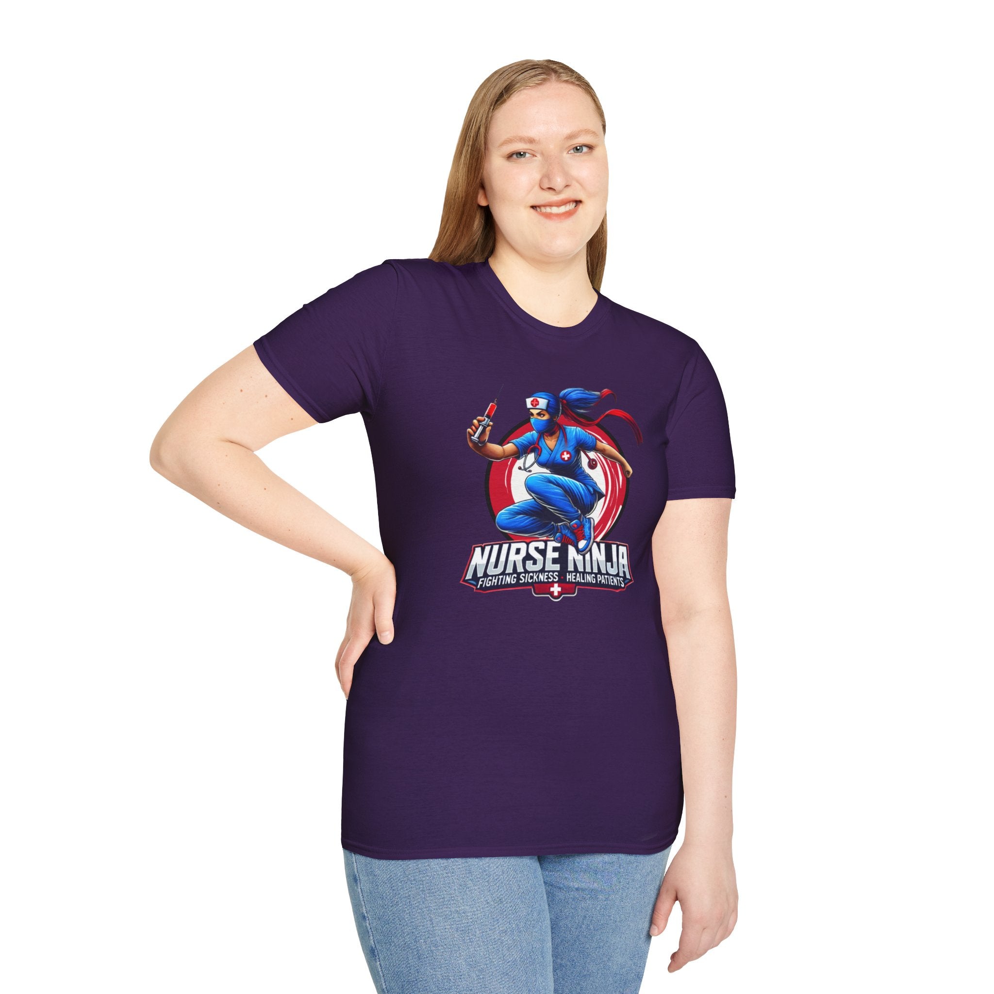 A Dark Purple T-shirt  featuring one of the Nurse Ninja t-shirt designs, depicting a dynamic nurse dressed as a ninja holding a syringe. The graphic includes the text "Nurse Ninja - Fighting Sickness, Healing Patients," showcasing a bold and heroic theme, perfect for healthcare professionals.