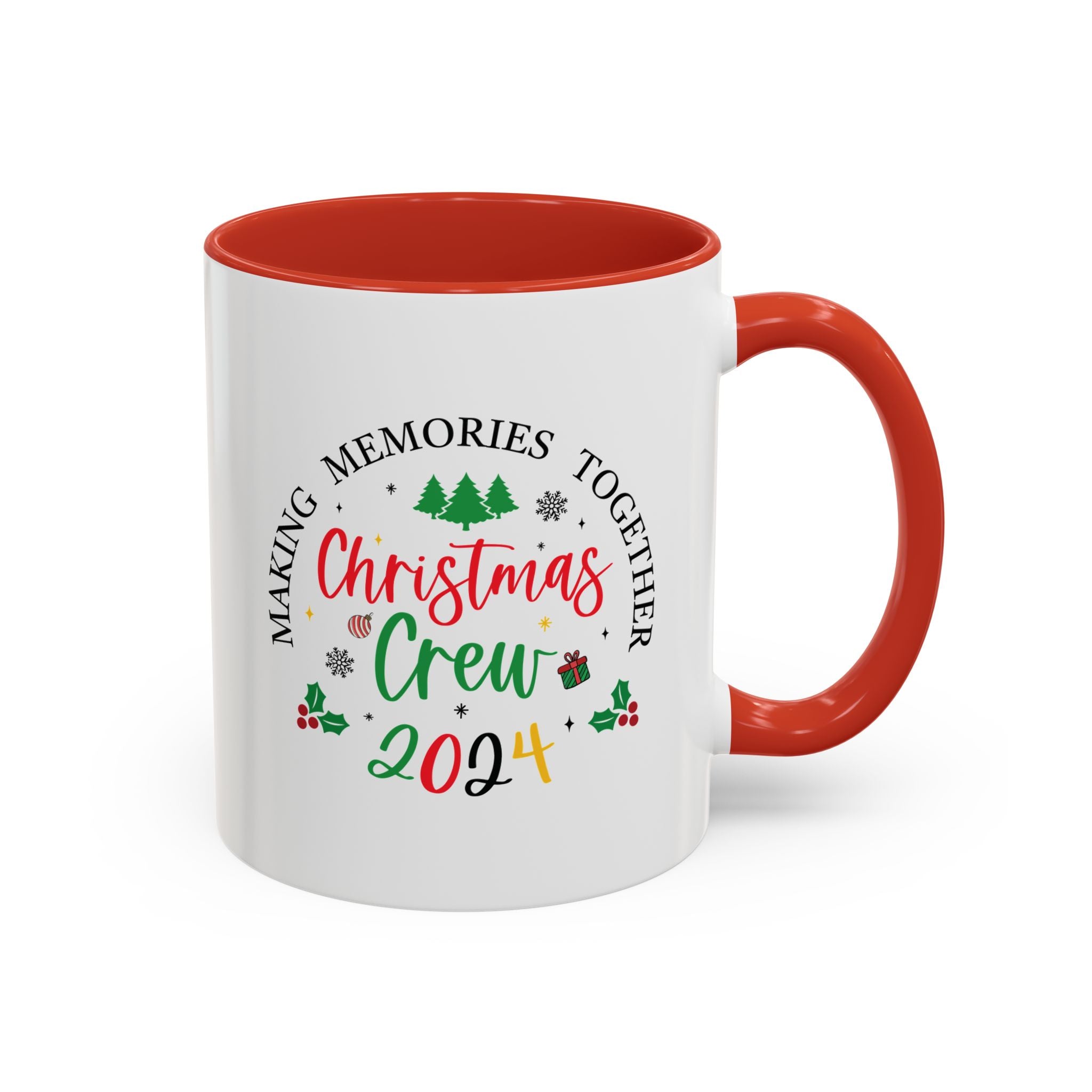 Festive coffee cup design featuring the text 'Christmas Crew 2024' in red and green with holiday elements like Christmas trees, holly, ornaments, and a gift box. Perfect for holiday gatherings and festive cheer.