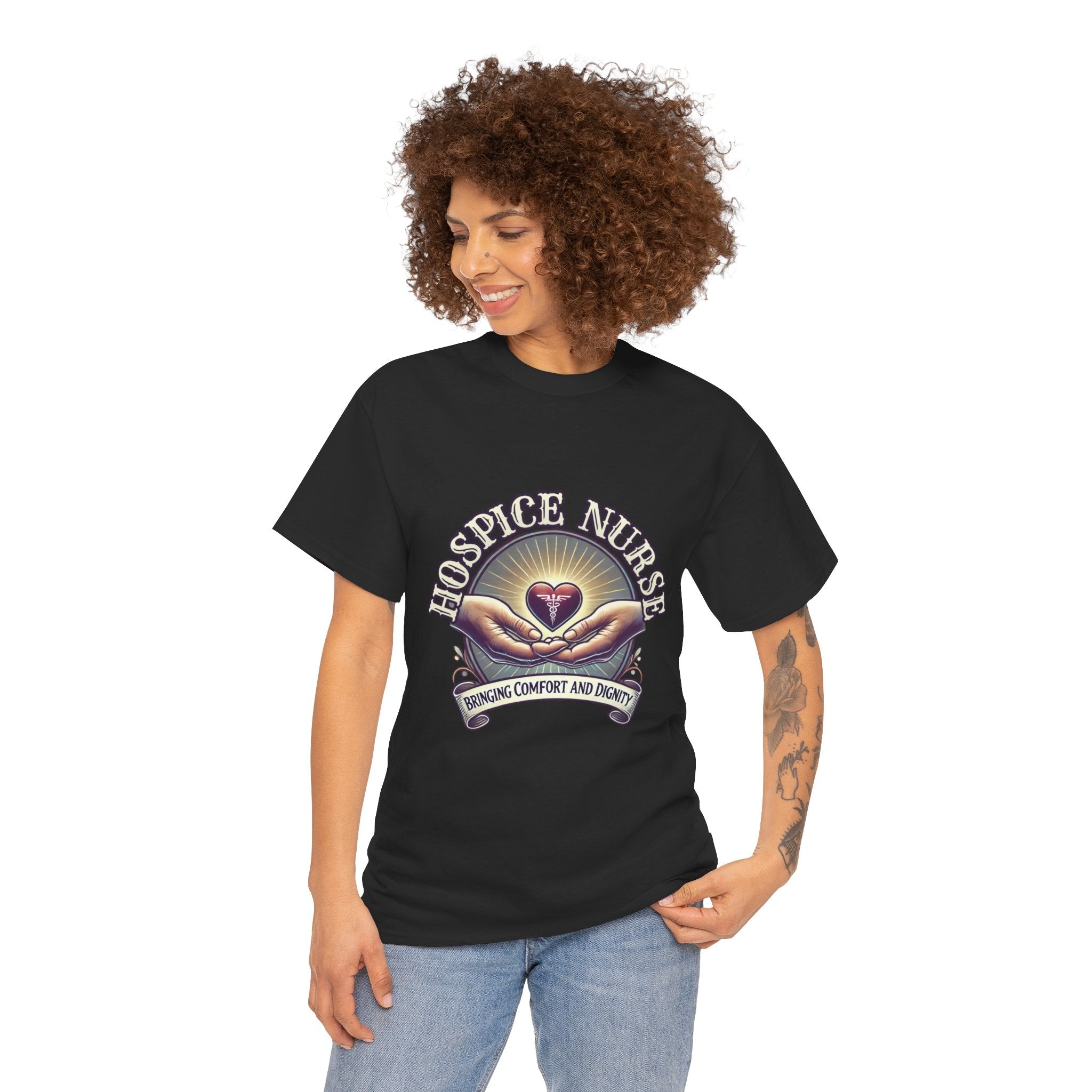 Black Hospice nurse t-shirt featuring a compassionate design with hands holding a heart and the phrase 'Bringing Comfort and Dignity,' symbolizing the care and support provided by hospice nurses. Ideal for hospice nurses who are dedicated to their mission.