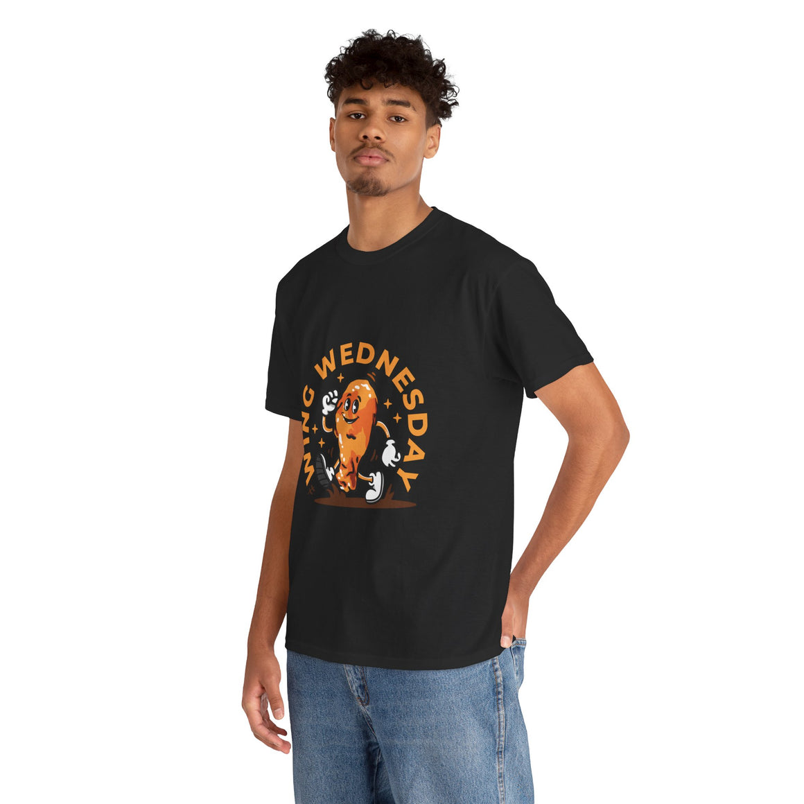 T-shirt featuring a fun 'Wing Wednesday' design with a cartoon-style chicken wing character in motion. Perfect for food lovers and those who enjoy celebrating Wing Wednesday in style.