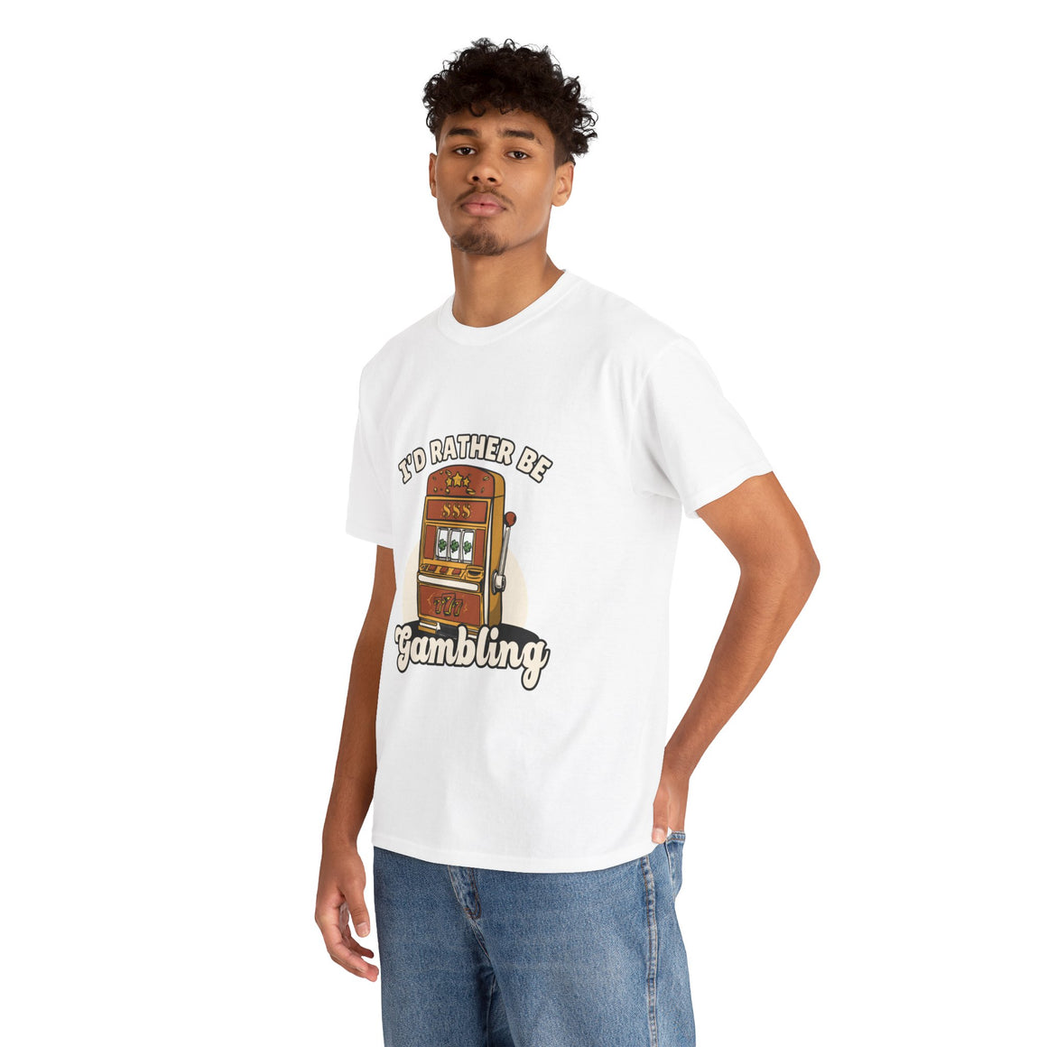 Person wearing a white t-shirt with the text "I'd Rather Be Gambling" and an illustration of a slot machine. This funny casino game shirt is perfect for anyone who loves gambling humor and casino-inspired designs