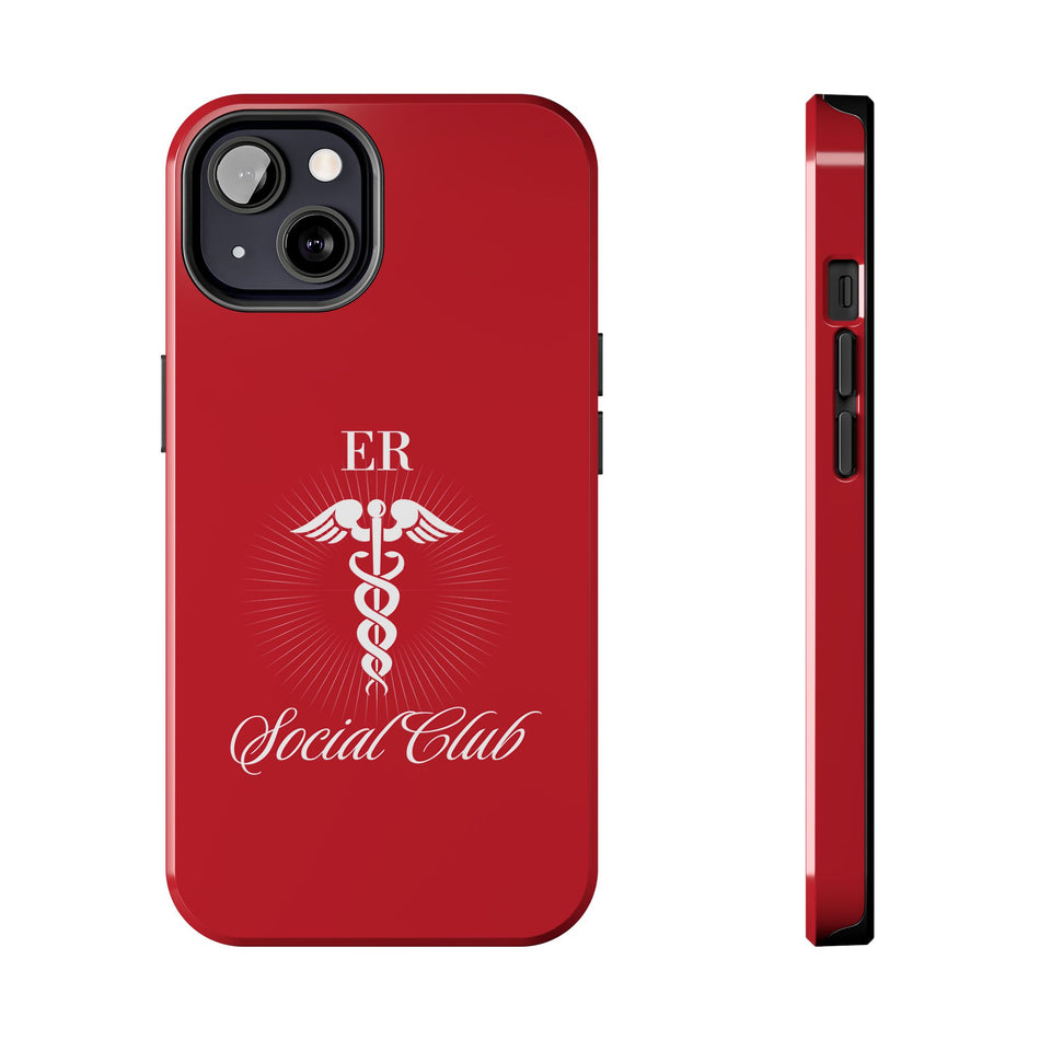 ER Social Club tough phone case in vibrant red with a white Caduceus symbol, representing emergency medical services. The case features the text 'ER Social Club' in elegant script, combining style with durable protection for healthcare professionals. Compatible with iPhone and Samsung models, this case offers impact resistance and a glossy finish for a professional and stylish look.