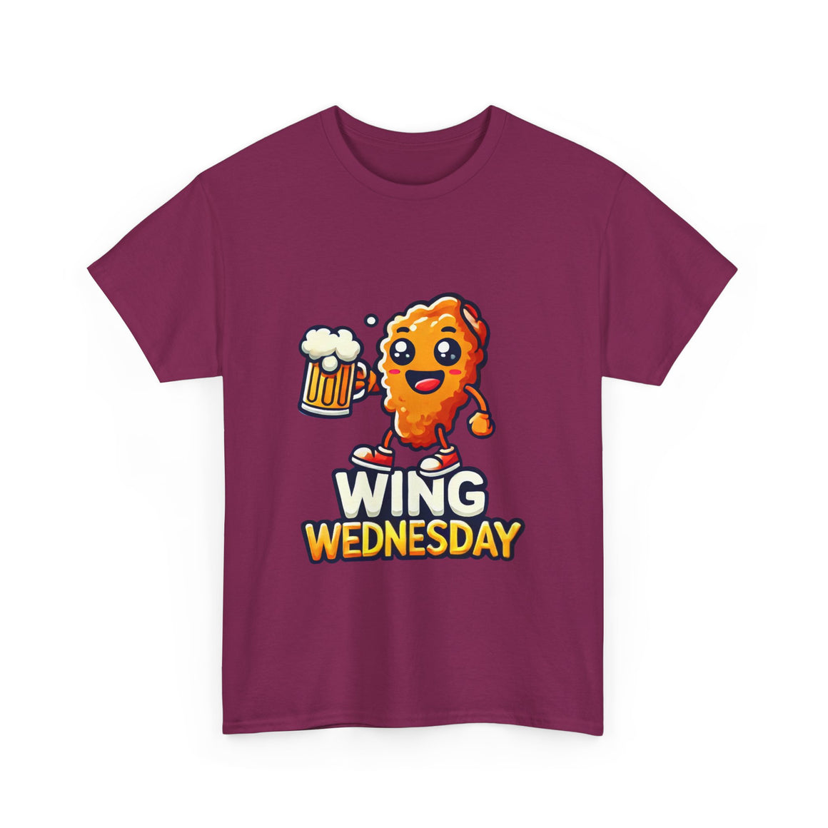 Wing Wednesday' t-shirt featuring a cheerful, cartoon-style chicken wing character holding a beer mug. Perfect for those who love celebrating Wing Wednesday with a fun and playful design.