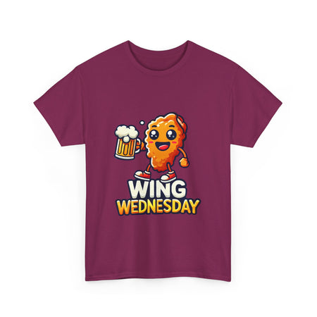 Wing Wednesday' t-shirt featuring a cheerful, cartoon-style chicken wing character holding a beer mug. Perfect for those who love celebrating Wing Wednesday with a fun and playful design.