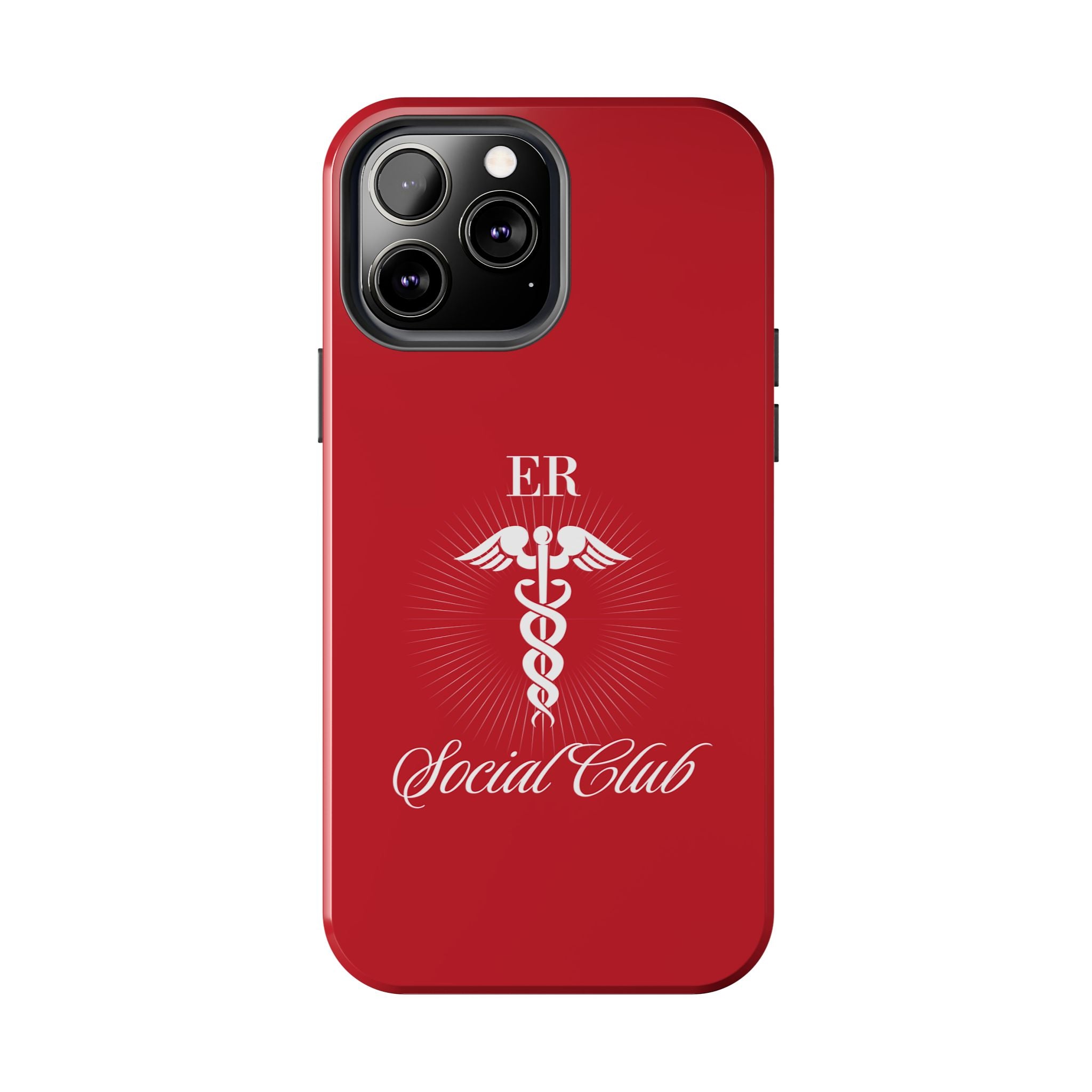 ER Social Club tough phone case in vibrant red with a white Caduceus symbol, representing emergency medical services. The case features the text 'ER Social Club' in elegant script, combining style with durable protection for healthcare professionals. Compatible with iPhone and Samsung models, this case offers impact resistance and a glossy finish for a professional and stylish look.
