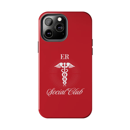 ER Social Club tough phone case in vibrant red with a white Caduceus symbol, representing emergency medical services. The case features the text 'ER Social Club' in elegant script, combining style with durable protection for healthcare professionals. Compatible with iPhone and Samsung models, this case offers impact resistance and a glossy finish for a professional and stylish look.