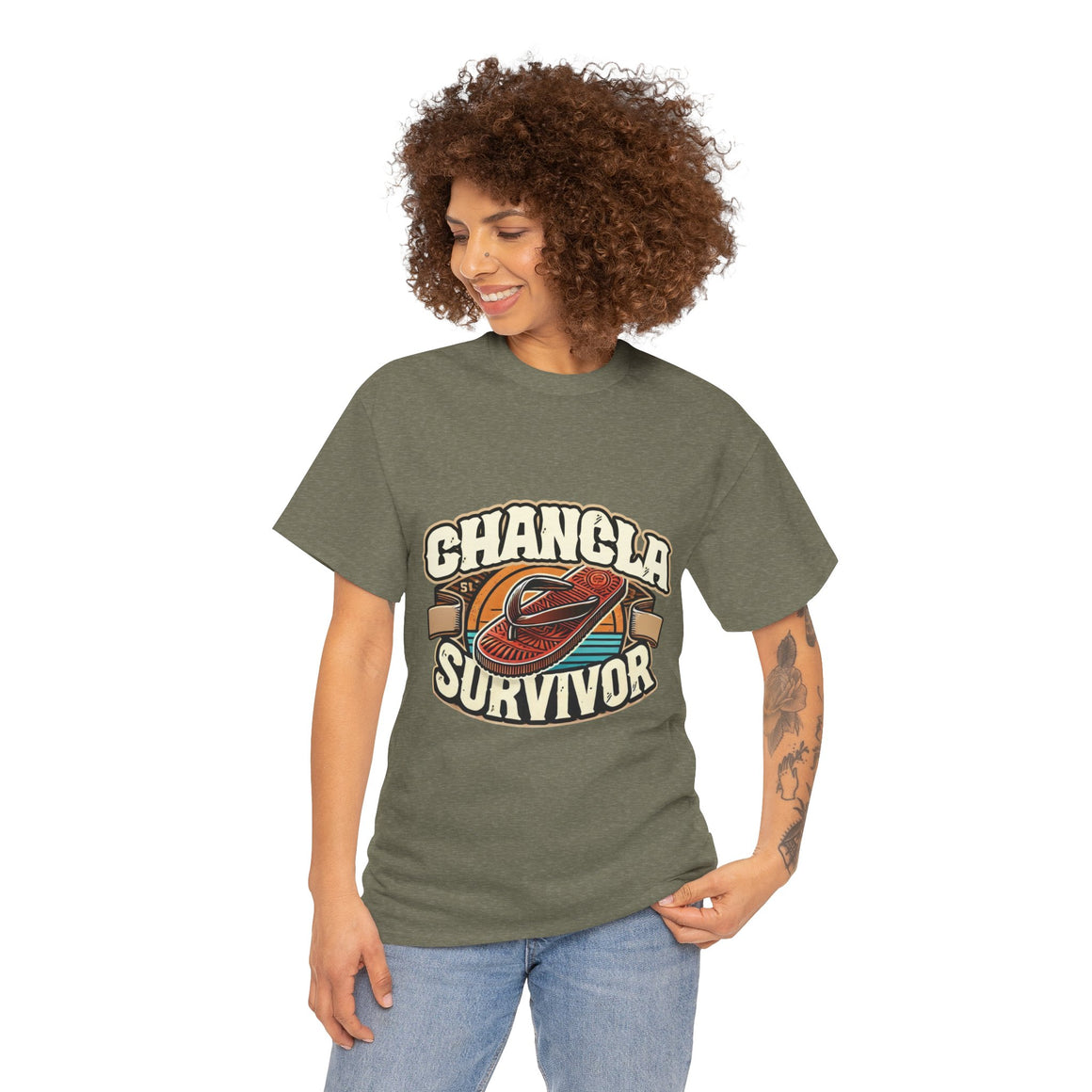 Funny Mexican t-shirt featuring the phrase 'Chancla Survivor. T-shirt featuring a retro-inspired 'Chancla Survivor' design with a graphic of a traditional sandal. Perfect for those with a sense of humor about family discipline and nostalgic cultural references.