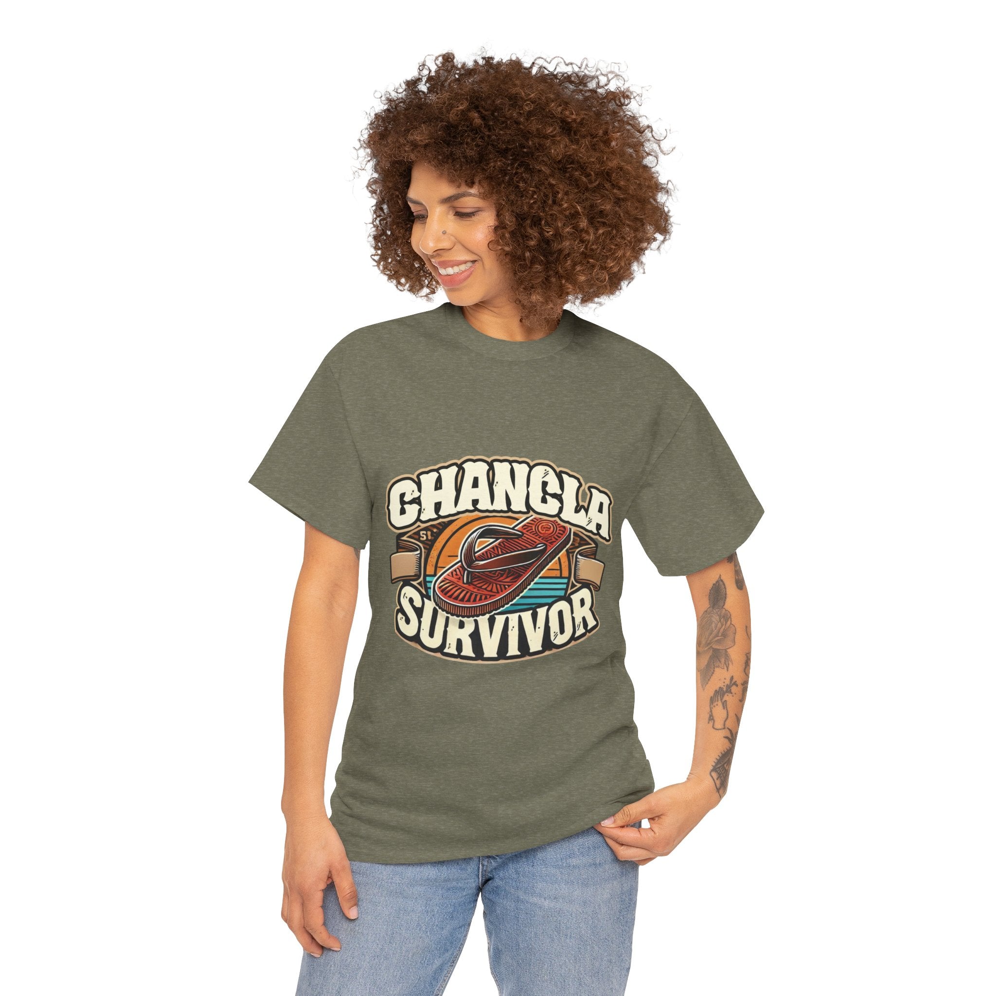 Funny Mexican t-shirt featuring the phrase 'Chancla Survivor. T-shirt featuring a retro-inspired 'Chancla Survivor' design with a graphic of a traditional sandal. Perfect for those with a sense of humor about family discipline and nostalgic cultural references.