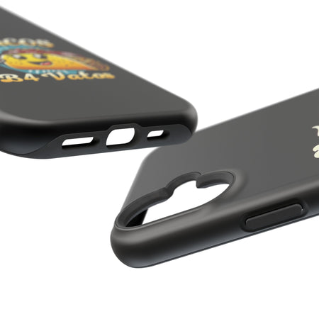 Black iPhone 16 magnetic phone case featuring a playful 'Tacos B4 Vatos' design with a cheerful taco character holding a frothy beer mug. Perfect for taco lovers who want a fun and unique phone accessory.