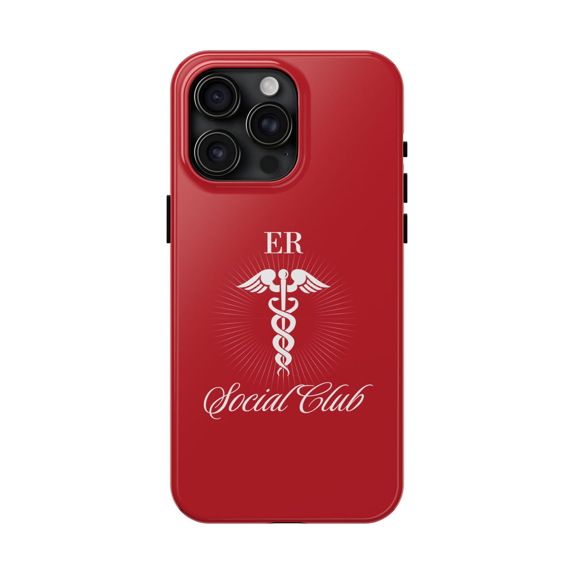ER Social Club tough phone case in vibrant red with a white Caduceus symbol, representing emergency medical services. The case features the text 'ER Social Club' in elegant script, combining style with durable protection for healthcare professionals. Compatible with iPhone and Samsung models, this case offers impact resistance and a glossy finish for a professional and stylish look.