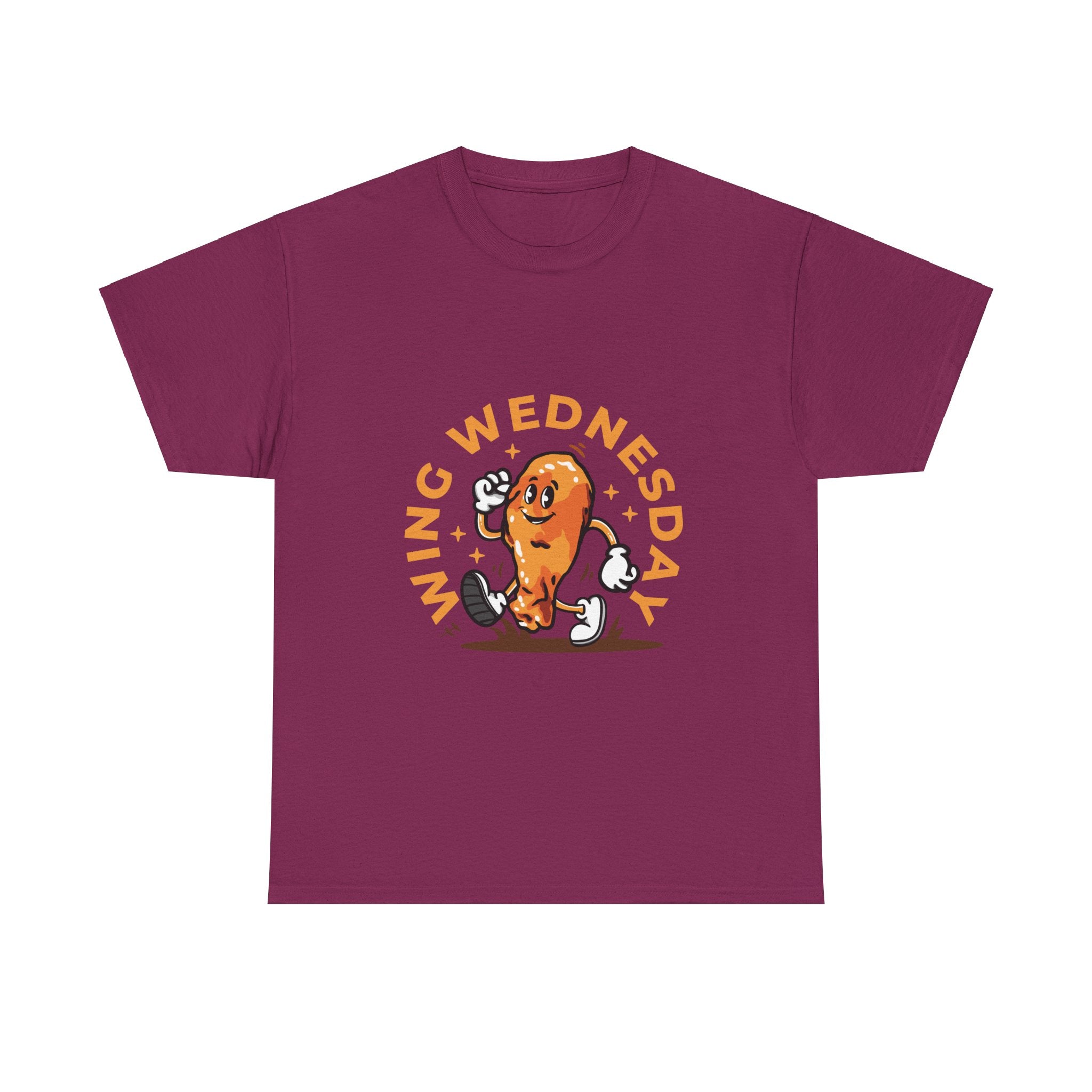 T-shirt featuring a fun 'Wing Wednesday' design with a cartoon-style chicken wing character in motion. Perfect for food lovers and those who enjoy celebrating Wing Wednesday in style."