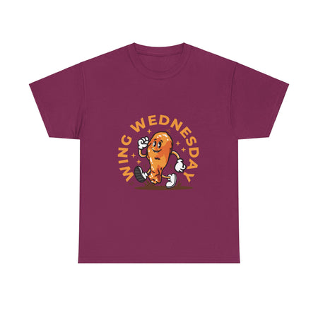 T-shirt featuring a fun 'Wing Wednesday' design with a cartoon-style chicken wing character in motion. Perfect for food lovers and those who enjoy celebrating Wing Wednesday in style."