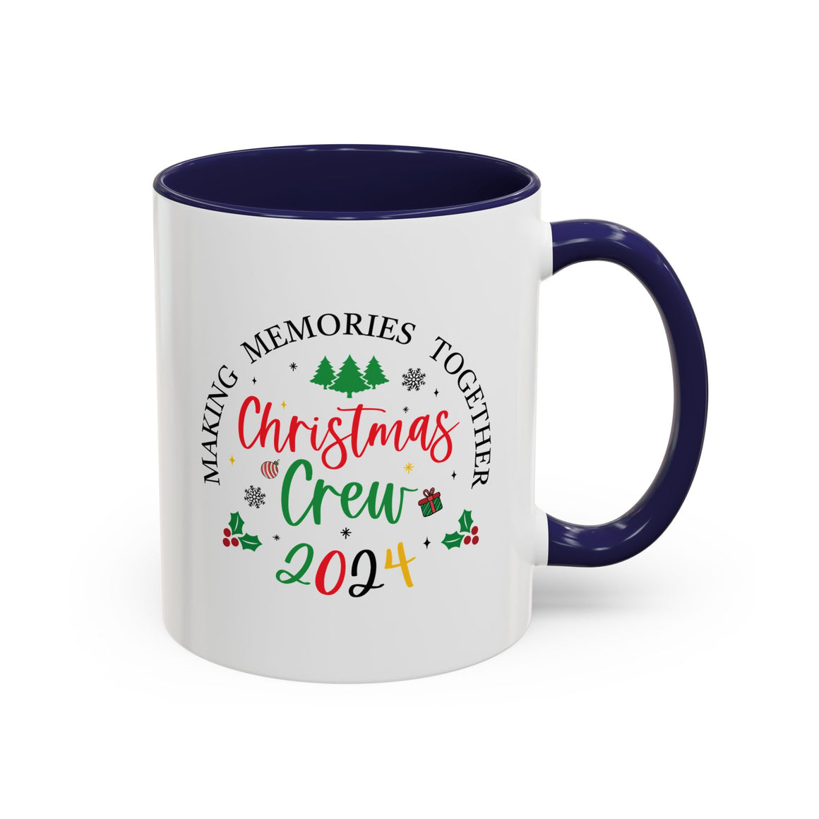 Festive coffee cup design featuring the text 'Christmas Crew 2024' in red and green with holiday elements like Christmas trees, holly, ornaments, and a gift box. Perfect for holiday gatherings and festive cheer.