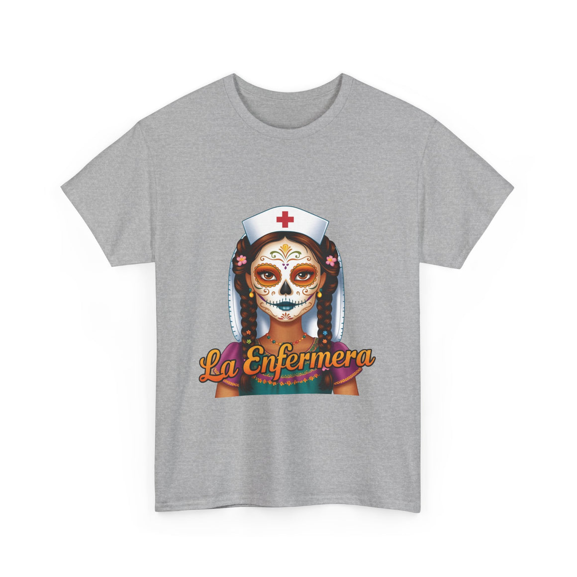 A picture of a nurse wearing a t shirt with a graphic of the day of the dead nurse on the front and it reads La Enfermera