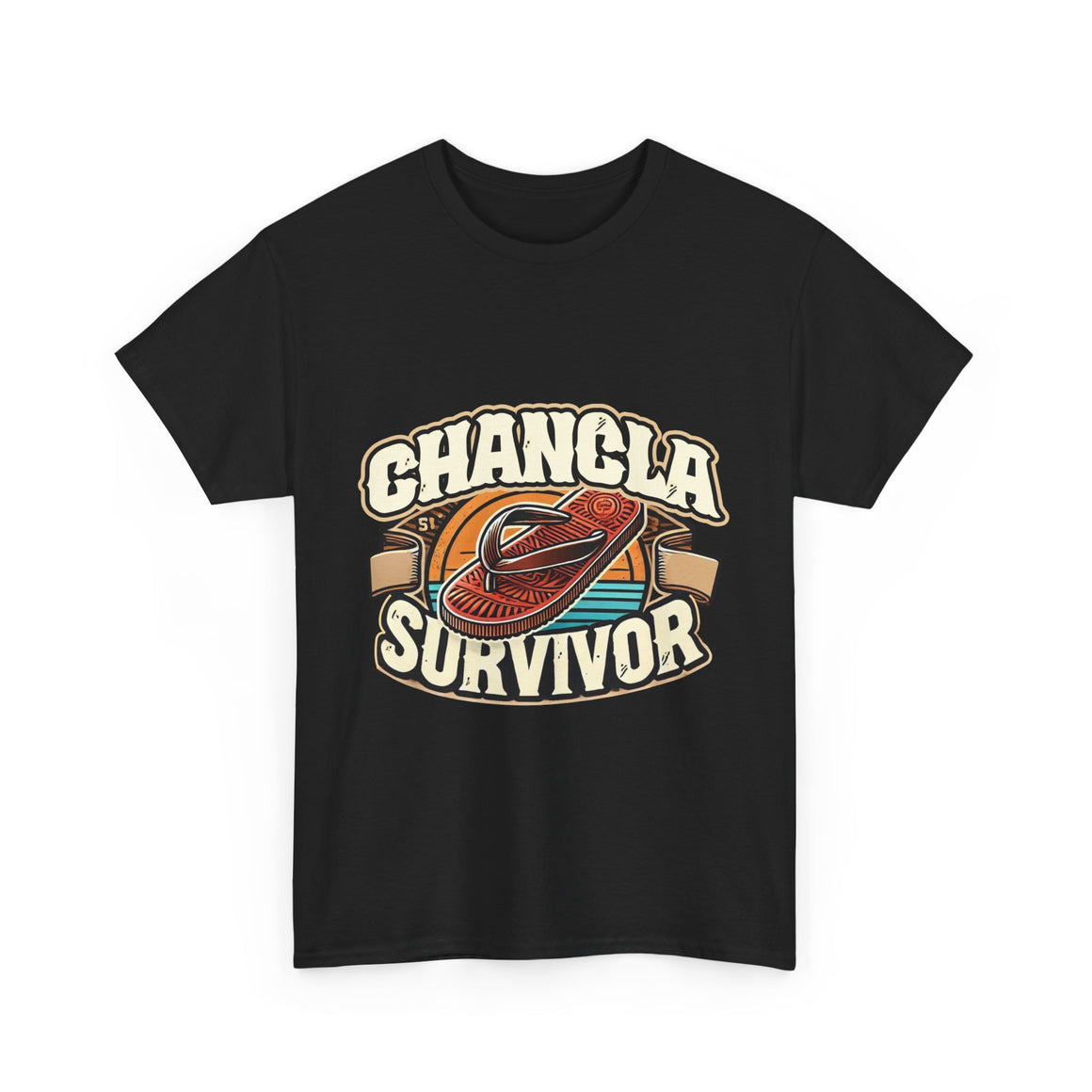 Black Hot Pink T-shirt featuring a retro-inspired 'Chancla Survivor' design with a graphic of a traditional sandal. Perfect for those with a sense of humor about family discipline and nostalgic cultural references.